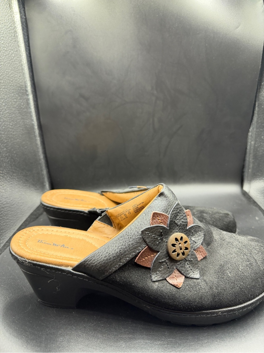 Thom McAn Black Slip-On Mules with Brown Floral Detail